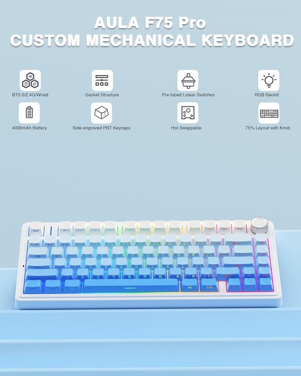 AULA F75 75% Wireless Trio Mode Mechanical Gaming Keyboard With Knob | Side-Engraved Blue, Star-Vector (Seiya) Switch (F75US)