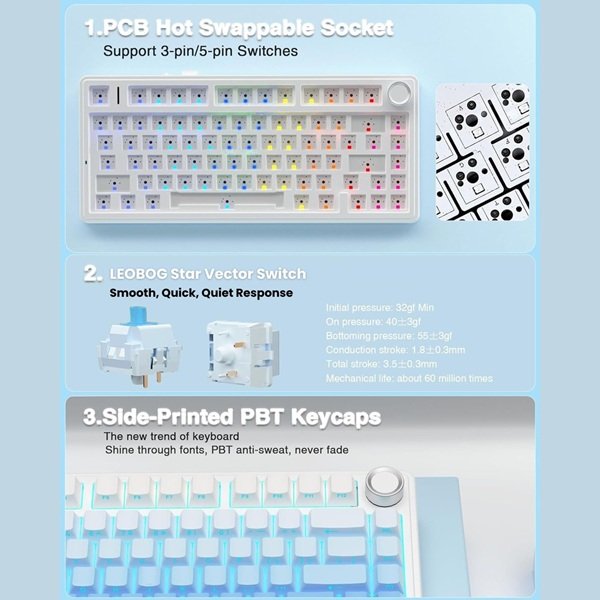 AULA F75 75% Wireless Trio Mode Mechanical Gaming Keyboard With Knob | Side-Engraved Blue, Star-Vector (Seiya) Switch (F75US)