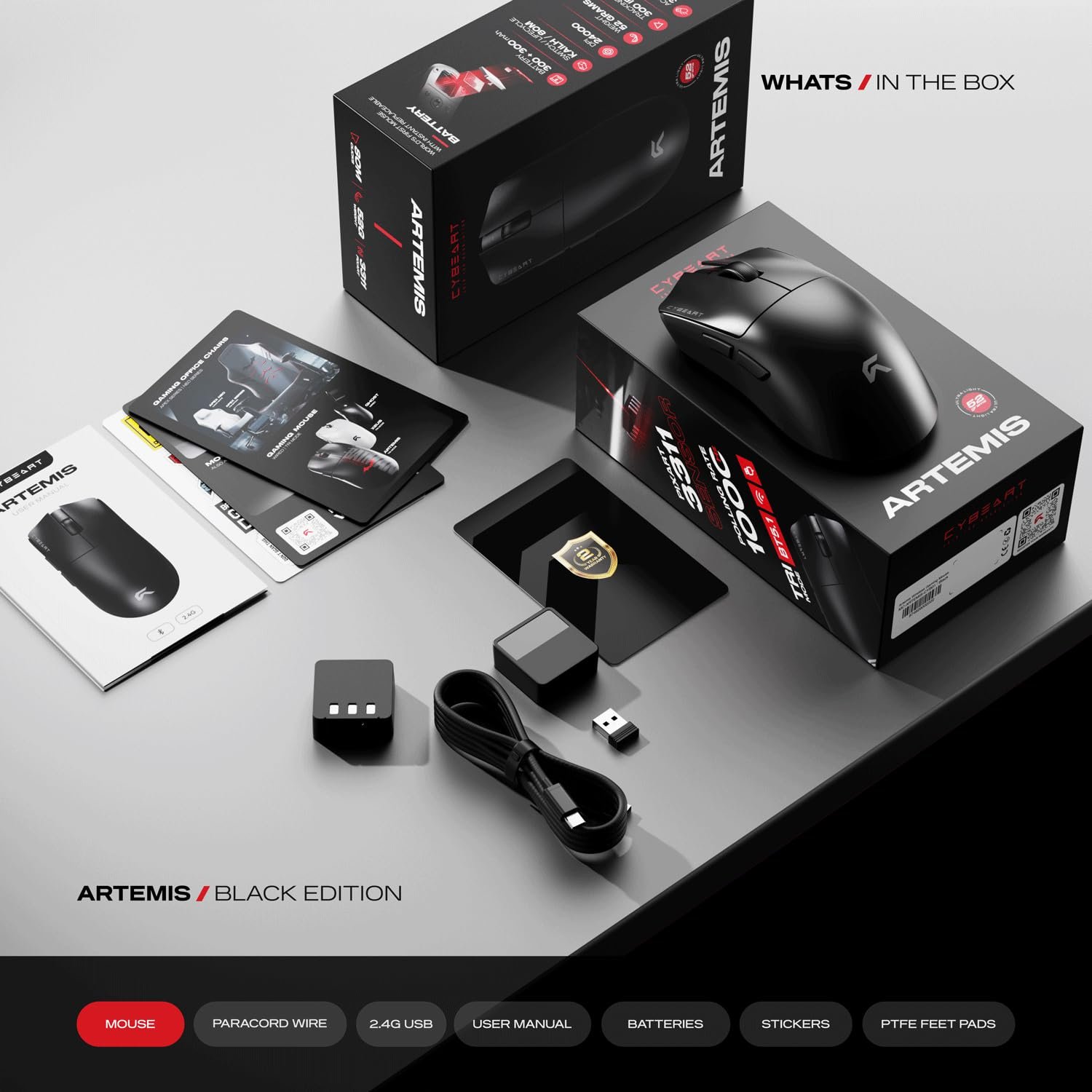Cybeart | Artemis 52g Ultra-Light Wireless Gaming Mouse | Dual 300mA Hyperswap™ Battery | 24,000 DPI | 1K Polling Rate | 80M Kailh Switches | Tri Mode (Black)