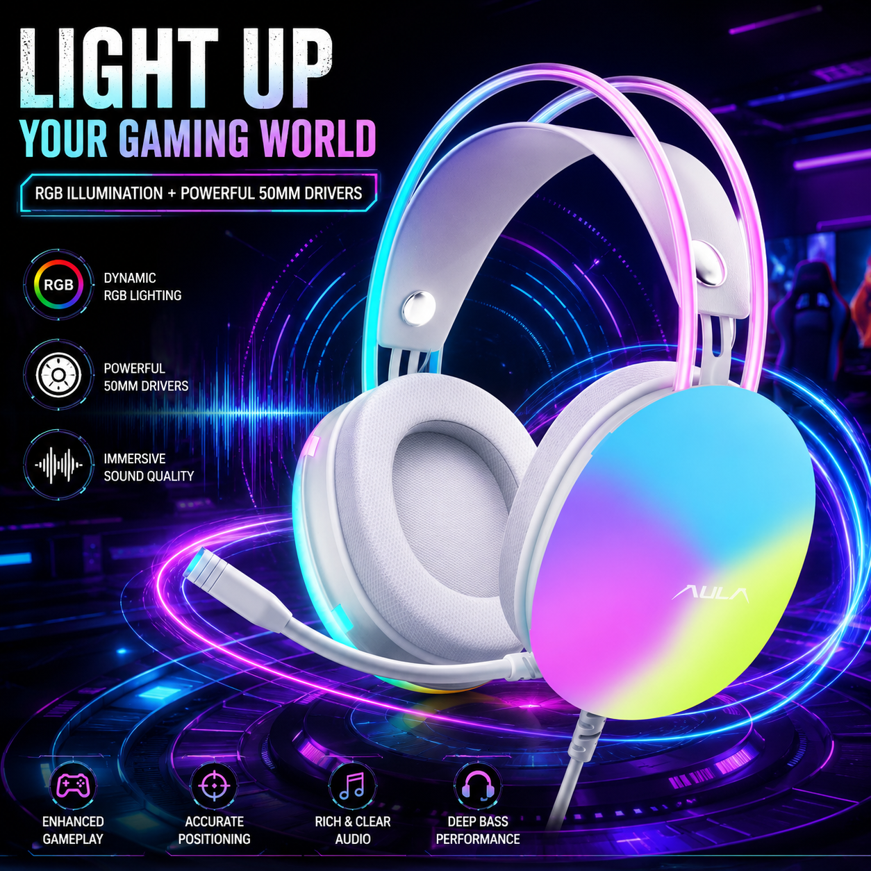 AULA S505 RGB Wired Gaming Headset With Adjustable Mic | Green (S505G)