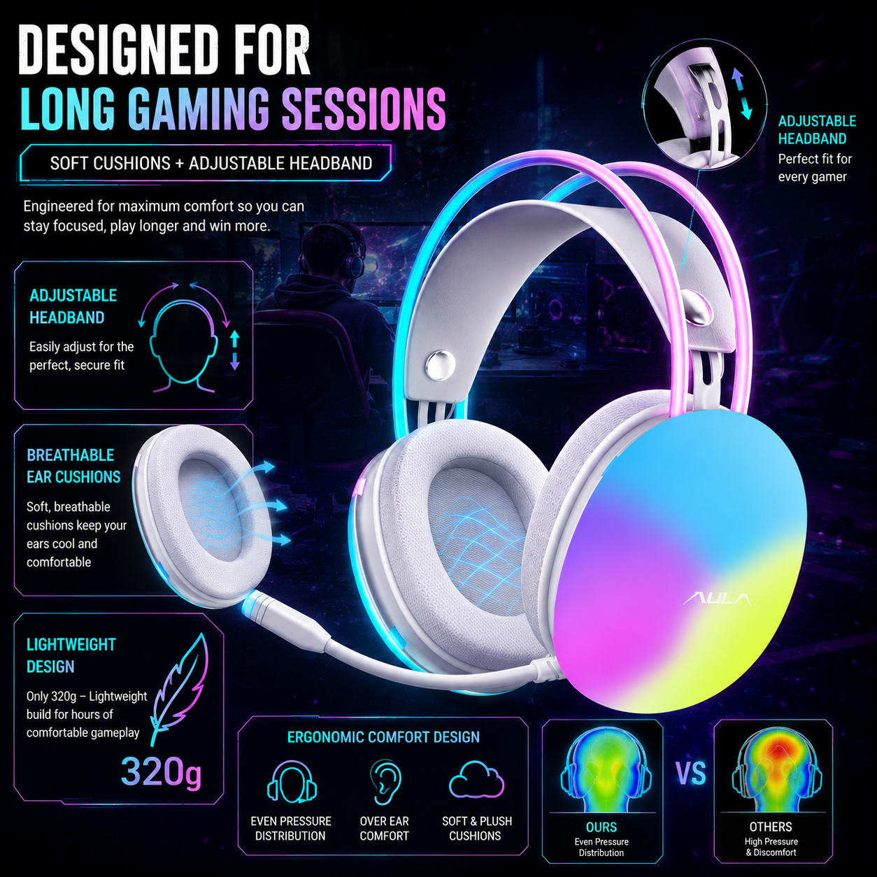 AULA S505 RGB Wired Gaming Headset With Adjustable Mic | Green (S505G)