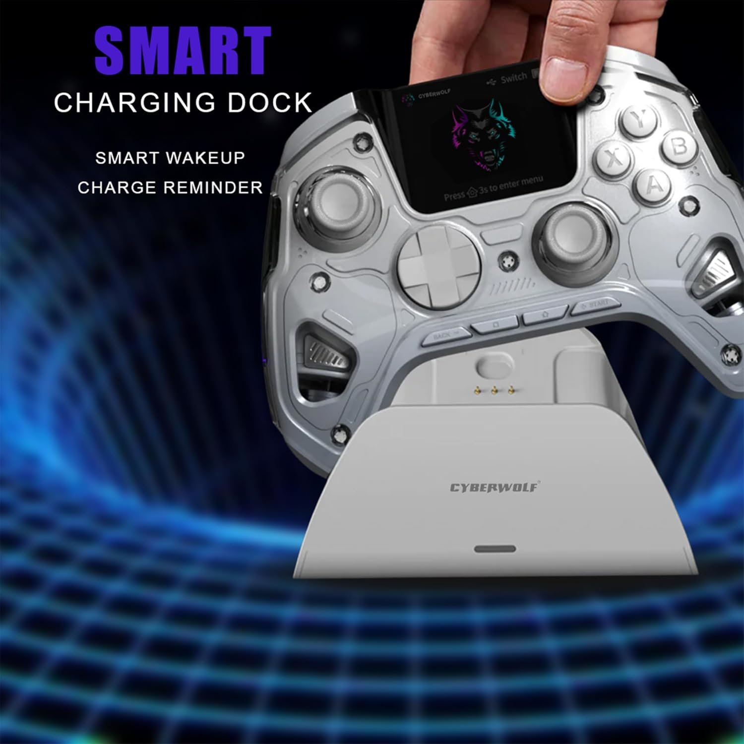 Cyberwolf Vision Alpha Pro Gaming Controller, Wireless with Hall Effect Triggers, RGB Lighting, 4 Remappable Buttons, Smart Charging Dock, 1800mAh Battery for PC, Switch, iOS, Android
