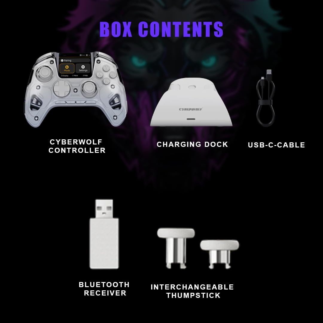Cyberwolf Vision Alpha Pro Gaming Controller, Wireless with Hall Effect Triggers, RGB Lighting, 4 Remappable Buttons, Smart Charging Dock, 1800mAh Battery for PC, Switch, iOS, Android