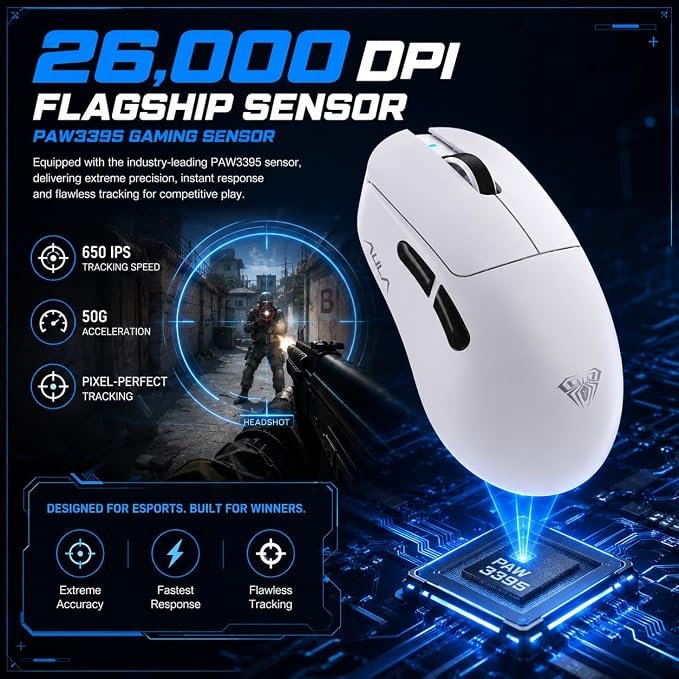 AULA SC900 Pro Wireless Gaming Mouse, 26000 DPI, 650IPS, PAW3395 Sensor, 62g Lightweight Mouse, Tri-Mode 2.4Ghz/Type-C/BT5.0, Dual 8KHz Polling Rate with Rechargeable Mouse for PC/Mac/Linux (Black)