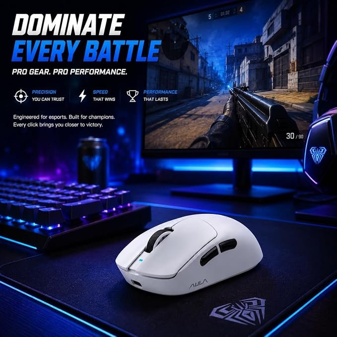 AULA SC900 Pro Wireless Gaming Mouse, 26000 DPI, 650IPS, PAW3395 Sensor, 62g Lightweight Mouse, Tri-Mode 2.4Ghz/Type-C/BT5.0, Dual 8KHz Polling Rate with Rechargeable Mouse for PC/Mac/Linux (Black)