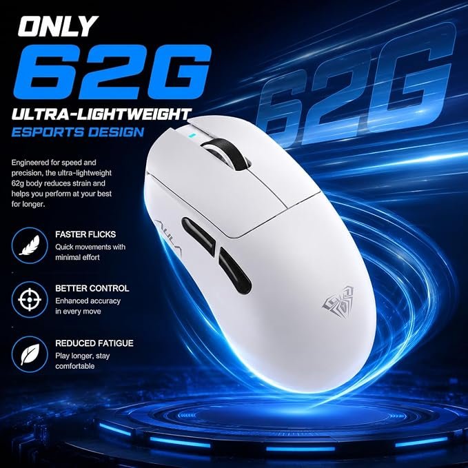 AULA SC900 Pro Wireless Gaming Mouse, 26000 DPI, 650IPS, PAW3395 Sensor, 62g Lightweight Mouse, Tri-Mode 2.4Ghz/Type-C/BT5.0, Dual 8KHz Polling Rate with Rechargeable Mouse for PC/Mac/Linux (Black)
