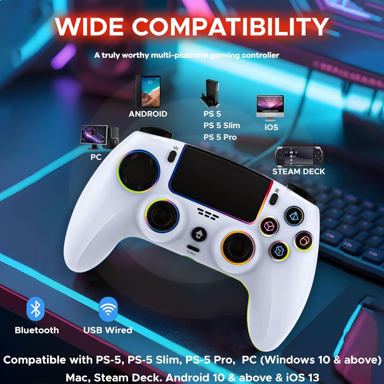 Ant Esports PowerStrikePS5 Wireless Gaming Controller for PC,Steam Deck,Android,iOS &macOS|Hall Effect Joysticks&Triggers|Bluetooth 5.0|Dual Vibration|Turbo & Macro Buttons|Touchpad|3.5mm Audio Jack